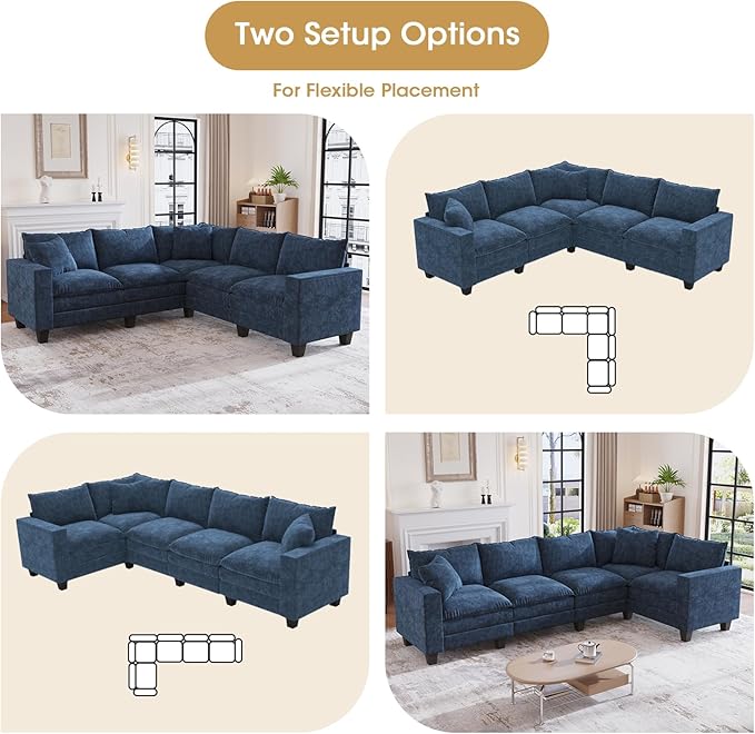 97 L Shaped Sectional Couch Comfy Chenille Cloud Couch 5 Seat Modular Cloud Sofa with 2 Pillows &amp Storage Armrests Convertible V Shaped Corner Couch Sectional Couches for Living Room Blue
