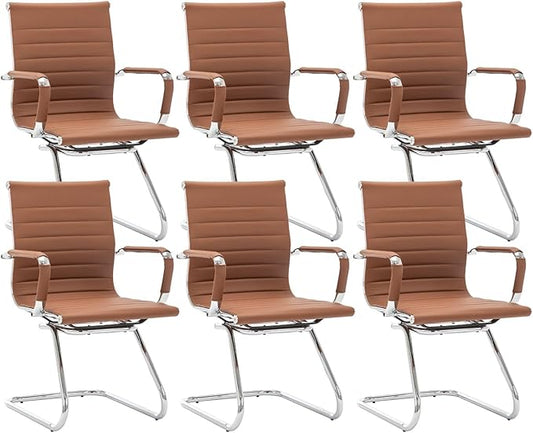 CIMOTA Waiting Room Chairs Set of 6 Leather Office Guest Chair Mid Back Reception Chairs with Sled Base for Meeting/Patient/Conference Room Coffee 6PCS