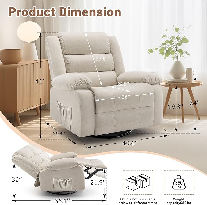 Rocker Recliner Chairs for Adults Oversized Recliner with Massage and Heating Function 360° Swivel Nursery Rocking Chairs Extra Wide Recliner Chair for Bedroom and Living Room