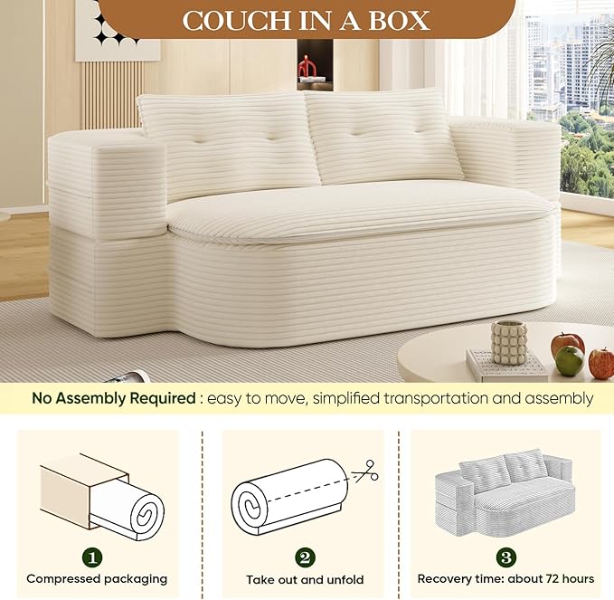 Convertible Sleeper Sofa Modern 78-inch Folding Futon Corduroy Floor Foam Compression Loveseat Sofa Bed Couch Foldable Full Size Guest Bed with 2 Pillows for Living Room Bedroom Apartment Beige