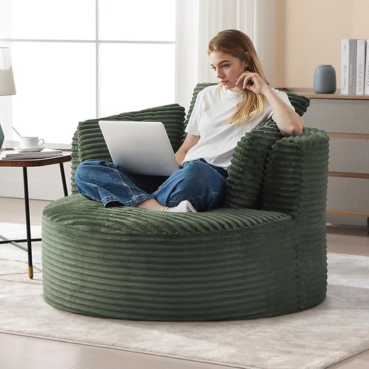 Antetek 48.8-inch Round Chair Modern Accent Corduroy Comfy Deep Seat Boneless Foam Floor Single Circle Chaise Sofa Chair with 3 Pillows for Living Room Bedroom Office No Assembly Required Green
