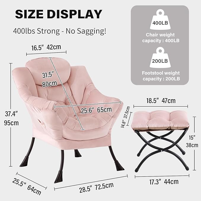 Tiita Lazy Chair with Ottoman Pink Modern Large Accent Chair Comfy Leisure Sofa Armchair with Ottoman Reading Chair with Footrest for Bedroom Living Room Dorm Rooms Velvet Pink