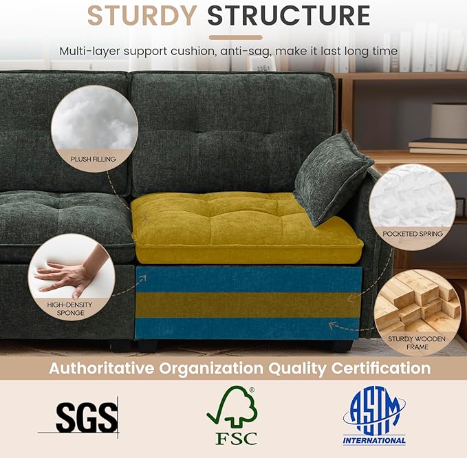 98'' Modular Sectional Sofa Comfty Cloud Couch L Shape with Movable Ottoman 4-Seat Chenille Deep Seat Sofa with Throw Pillow Sectional Couches for Living Room Office(Green 3-seat)