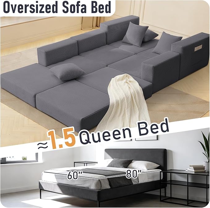 102 Upgraded L-shaped Modular Sectional Couches for Living Room Convertible Oversized Sleeper Sofa Bed-Luxury 1.5 Queen Bed. 11-in-1 Multifunctional Corduroy Boneless Folding Futon Couch Grey.