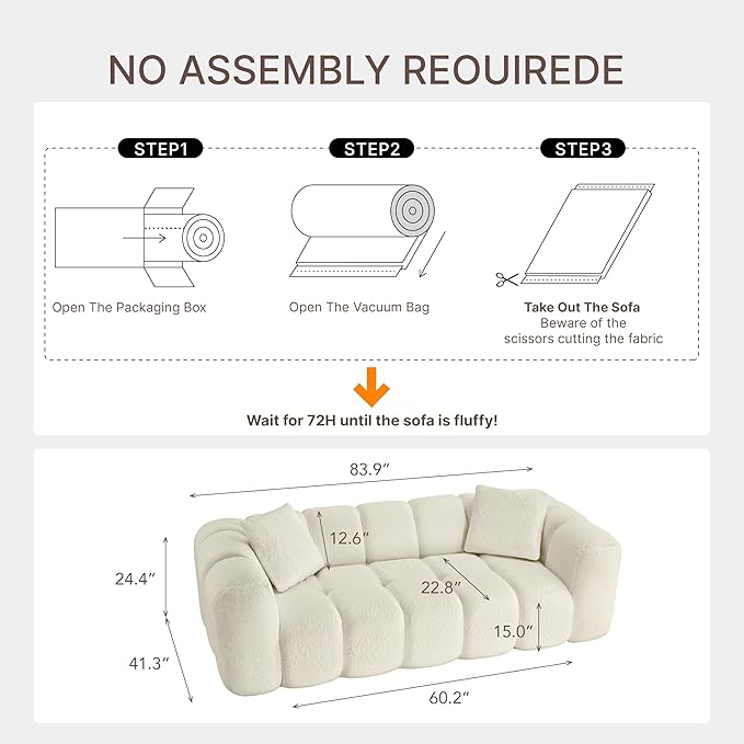 84 Boneless Couch No Assembly Required Loveseat Sofa Modern Deep Seat Cloud Couch Modern Compressed Sofa Oversized Upholstered 3-Seater for Living Room Bedroom