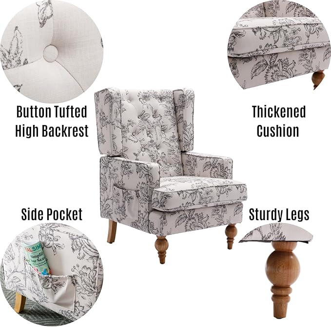 LukeAlon Button Tufted Linen Accent Chair Upholstered Club Chair with Wooden Legs Vintage High Wingback Reading Chair Comfy Armchair with Pocket for Living Room Bedroom Floral Beige
