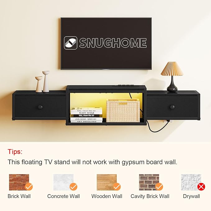 Snughome Floating TV Stand Wall Mounted with Power Outlet 55 Floating Entertainment Center with LED Lights Floating TV Shelf with Drawer Wall Mounted Media Console Shelf for Living Room Bedroom