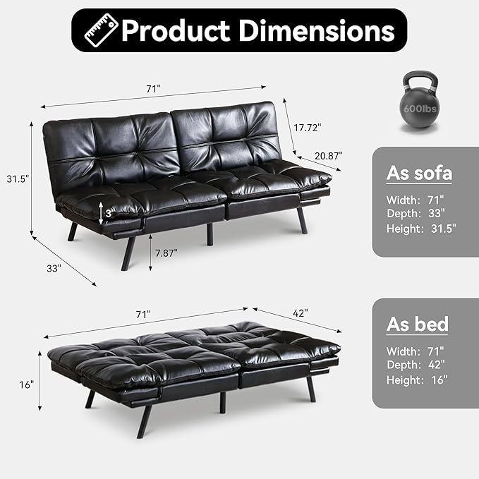 Vyfipt 71 Convertible Futon Sofa Bed3-in-1 Faux Leather Fabric Futon Couch with Memory Foam Modern Foldable Sleeper Loveseat for Small Spaces Living RoomOffice &amp ApartmentBlack