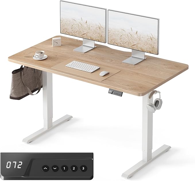 FEZIBO 55 x 24 Inchs Electric Standing Desk Height Adjustable Sit Stand Up Computer Office Desk with Splice Board White Frame/Maple Top