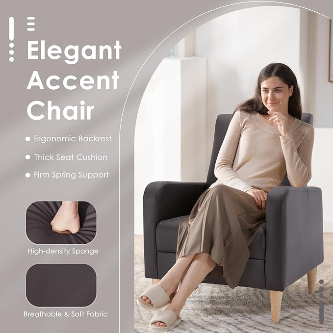 COLAMY Modern Upholstered Accent Chair Armchair with Pillow PU Leather Reading Living Room Side ChairSingle Sofa with Wood Legs Brown
