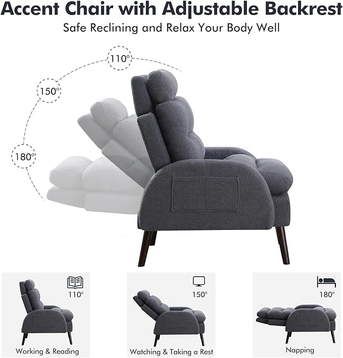 Accent Chair with Ottoman Comfy Reading Chair with Ottoman Set Modern Oversized Velvet Lounge Armchair with Adjustable Backrest for Living Room Bedroom (Teddy Blue Grey)