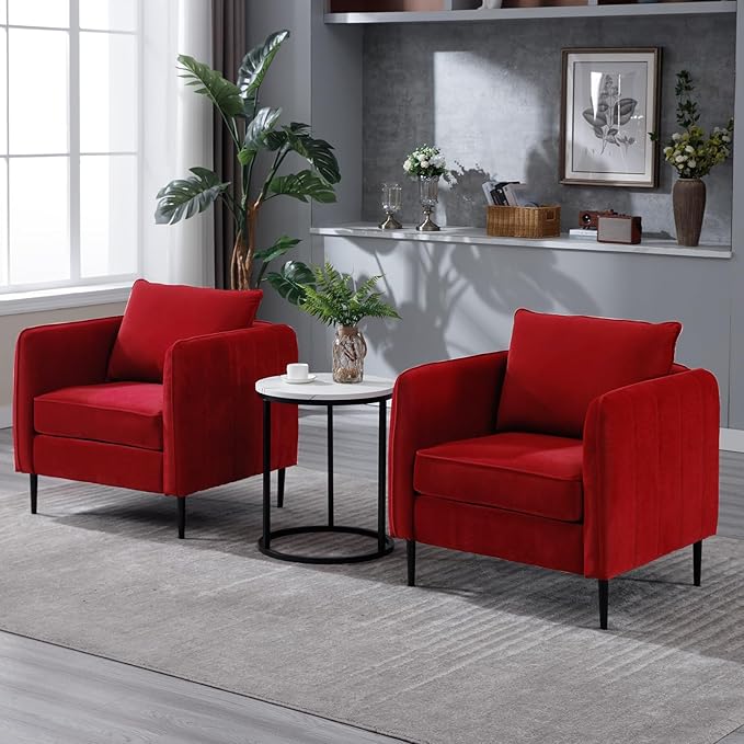 Modern Velvet Accent Chair Sets of 2 Upholstered Single Sofa Chairs Armchair with Square Arm Accent Chairs for Living Room Bedroom Apartment (Velvet Burgundy Chairs * 2)