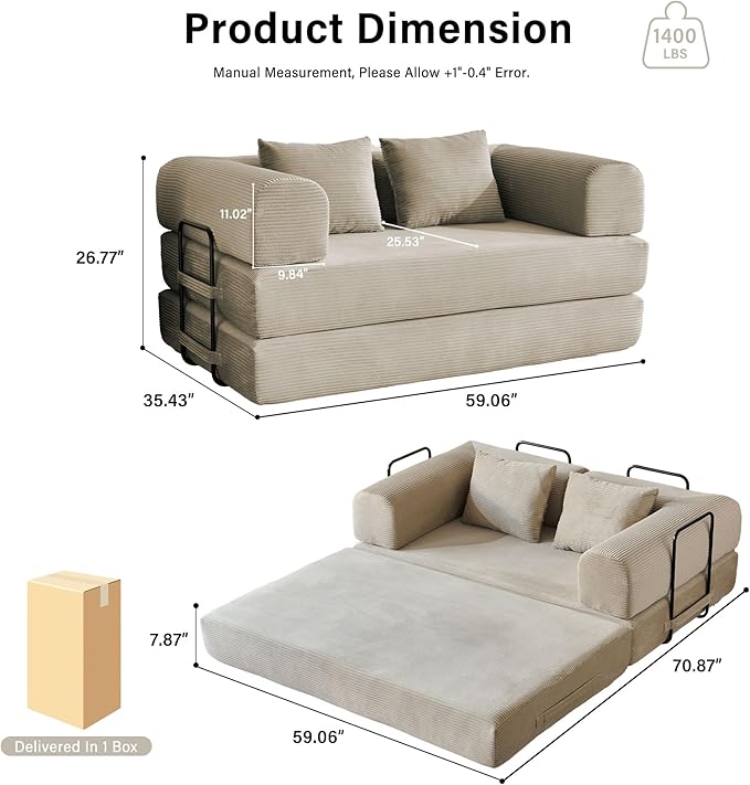 59 Folding Convertible Sofa Bed 5-in-1 Small 2-Seater Sofa Corduroy Futon Floor Couch with Pull-Out Sleeper Boneless Loveseat for Small Spaces Home Office Bedroom Apartment-Friendly (Beige1)