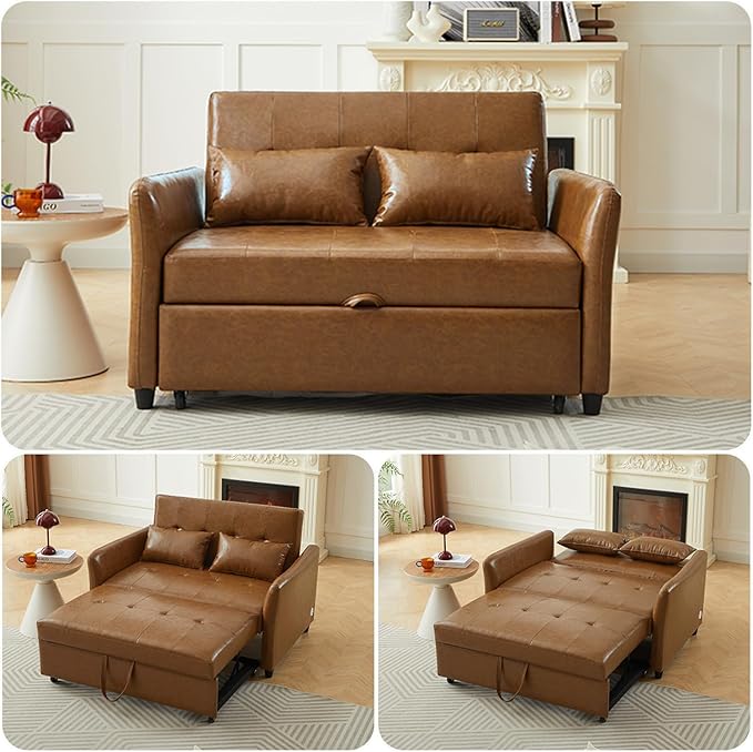 Brown Convertible Sofa Bed 3-in-1 Sleeper Sofa with Pull-Out Bed PU Leather Futon Couch with Adjustable Backrest USB Port for Living Room Bedroom Apartment RV (Brown)