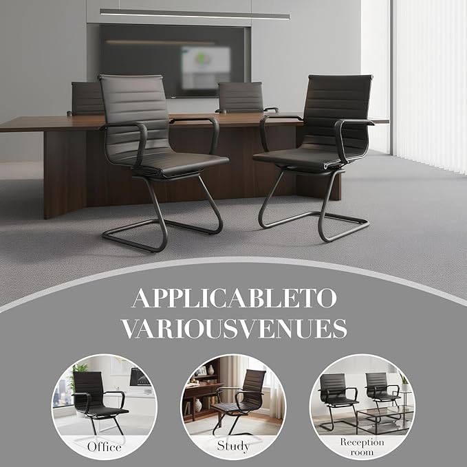 CIMOTA Waiting Room Chairs Leather Office Guest Chair Mid Back Reception Chairs with Sled Base for Meeting/Patient/Conference Room Retro Black Set of 6