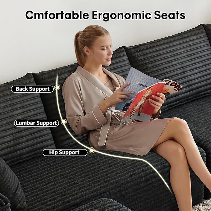 139.4 Modular Sectional Sofa L-Shaped Minimalist Couches with Ottoman Chaise Modern Deep Seat Convertible Sleeper SofaCloud Plush Corduroy Fabric No Assembly Required 5 Seater Black