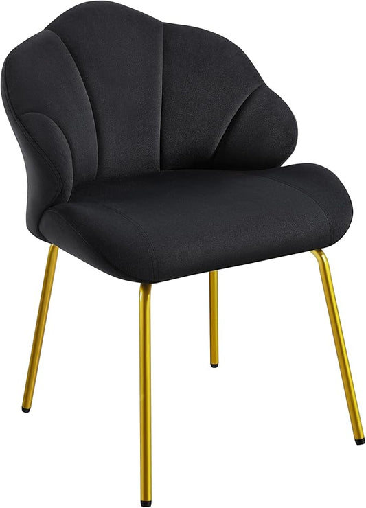 Yaheetech Vanity Chair Velvet Accent Chair with Shell-Shaped Backrest Modern Armchair with Gold Metal Legs for Dressing Room/Bedroom/Living Room Black