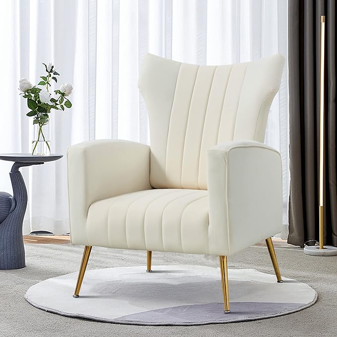 Generic Modern Velvet Accent Chair with Arms Wingback Reading Chair with Gold Metal Legs Comfy Upholstered Single Leisure Sofa for Living Room Bedroom ClubVelvetWhite