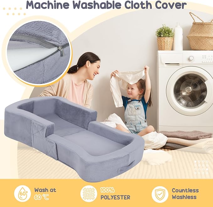 Toddler Travel Bed 2-in-1 Foldable Portable Toddler Bed Sofa Chair Soft Baby Kids Travel Floor Cot with Washable Covers Safety Foam Raised Bumper for Camping Hotel Sleeping (Grey)