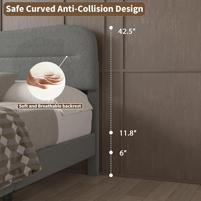 Queen Size Bed Frame with Headboard Upholstered Bed Frame Queen Size Teddy Soft Boucle Fabric Soft Cloud Marshmallow Shape Upholstered Headboard No Box Spring Needed Noise Free (Grey)