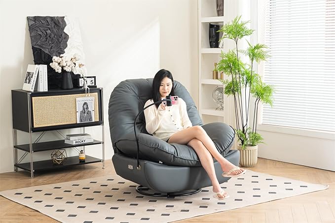 Power Recliner Sofa Chair 270 Degree Swivel Leisure Single Sofa with Button Control Wireless Speaker USB Ports Hidden Arm Storage and Phone Holder for Living Room Bedroom Grey PU (Without LED)