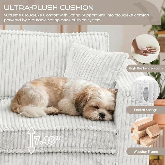 Corduroy Couch Sectional with 2 Pillows Oversized Corduroy Sofa L Shaped Couch Armrests with Two Hidden Storage Space Sectional Couches for Living Room Beige