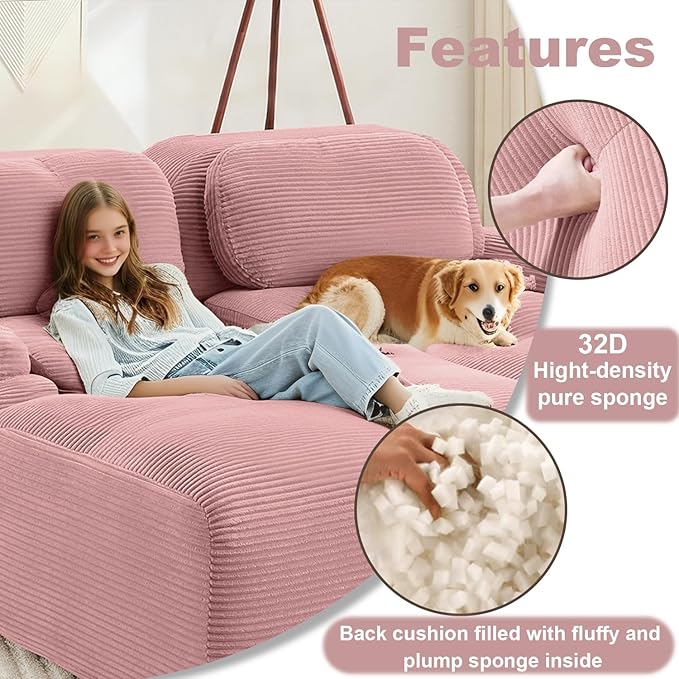 116.1 Modular Sectional Sofa Boneless Cloud Couch 3-Seater Deep Seat Cloud Couch Luxury Corduroy Fabric Sofa for Living Rooms Bedrooms Apartment (Pink 116.1inch)