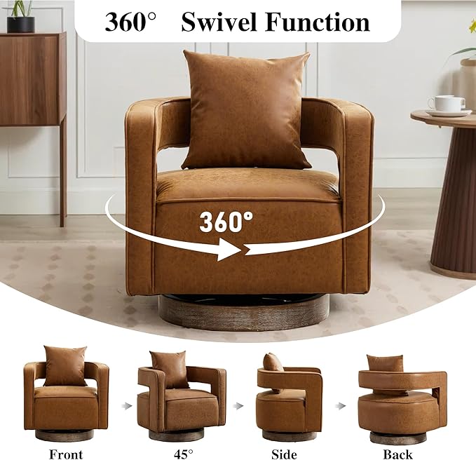 Mlmh &amp Kngwa 29 W Swivel Accent Barrel Chair Set of 2 Mid Century Modern PU Leather Round Arm Chair for Living Room BedroomBrown