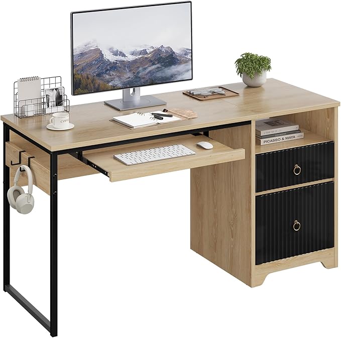 Bestier 55 Inch Computer Desk with Keyboard Tray Modern Office Desk with Storage Wood Writing Desk with File Drawer Fluted Panel &amp 2 Hooks for Home Office &amp Studio Natural Oak