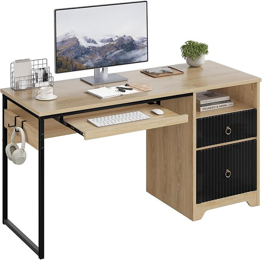 Bestier 55 Inch Computer Desk with Keyboard Tray Modern Office Desk with Storage Wood Writing Desk with File Drawer Fluted Panel &amp 2 Hooks for Home Office &amp Studio Natural Oak