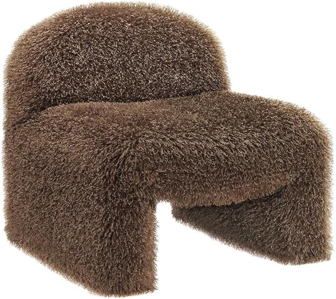 MAKLAINE Contemporary Faux Fur Upholstered Accent Chair Brown Shaggy Fabric Rounded Low-Profile Armless Design Sled Base with Non-Marking Foot Caps Living Room or Bedroom Seating