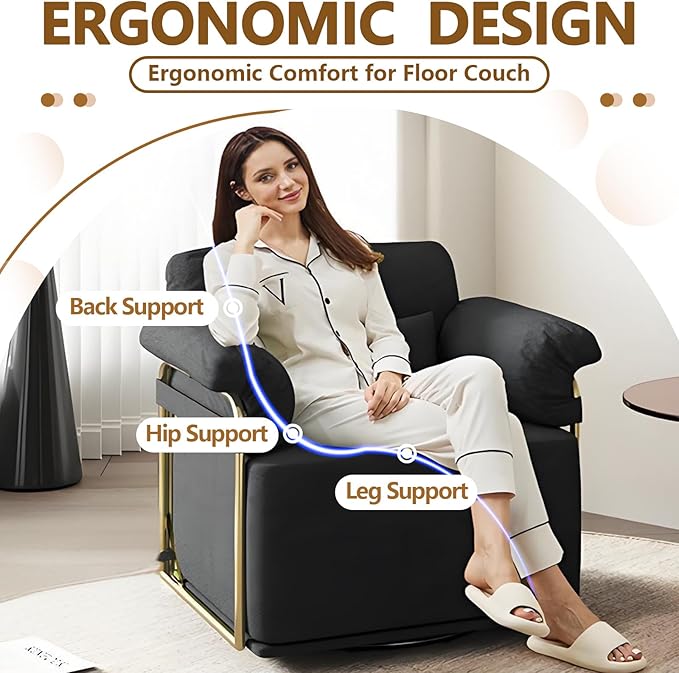 Swivel Accent Chairs 360 Swivel arm Chairs for Bedroom Club Chair with Back Gold Frame Tall Base for Office and Living Room (Black)