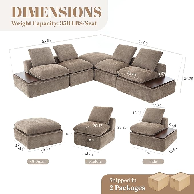 119 Oversized Cloud Modular Chenille Sectional Sofa with 2 Coffee Table Trays 4 Seat Couch Sectional Large Sectional Couches for Living Room Coffee