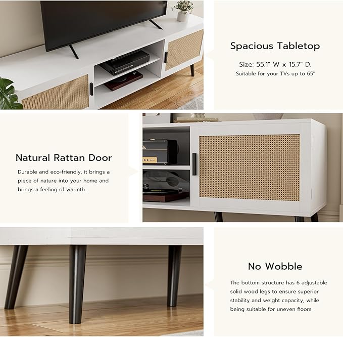 TV Stand for TVs up to 65'' Mid Century Modern Entertainment Center with Rattan Door Shelves &amp 2 Cabinets Boho Media TV Console for Living Room Bedroom White