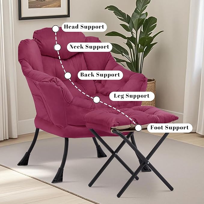 Lazy Chair with Ottoman Comfy Accent Lounge Chair with Side Pocket Modern Reading Armchair with Footrest Upholstered Sofa Chair for Small Spaces Bedroom Living Room Dorm Wine Red