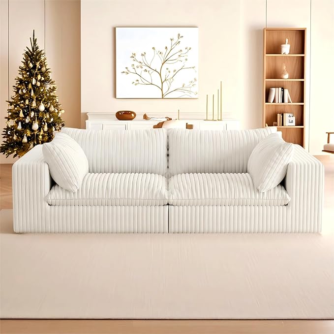 Boneless Corduroy Modular Couch with Removable Cushion 78.8 Comfy Cloud Couch for Small Spaces Deep Seat &amp Memory Foam No Assembly Required Compression Couches for Small Spaces(White) | Fluff