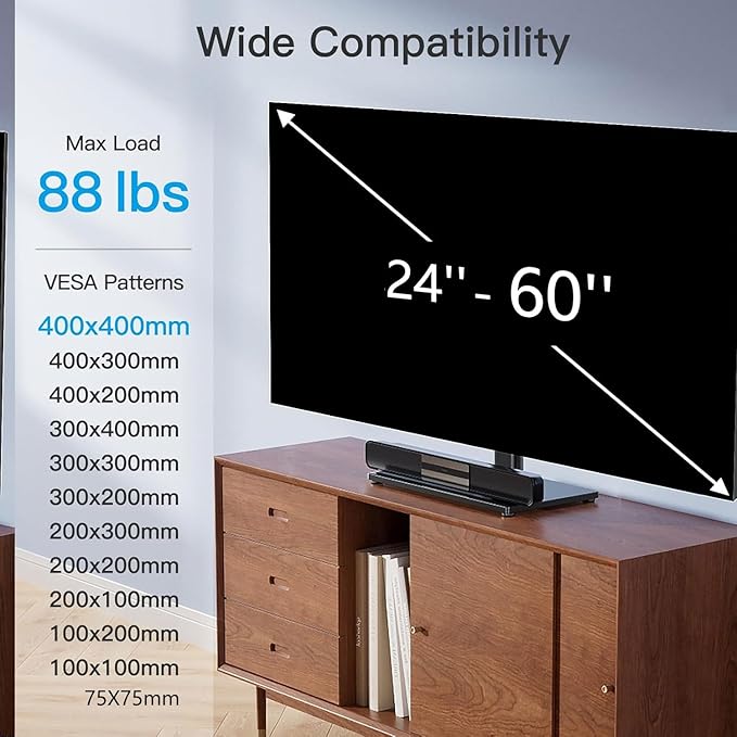 PERLESMITH Universal Swivel TV Stand Legs for 24-60 inch LCD LED TVs Height Adjustable Television Mount Stand with Tempered Glass Base Universal VESA Mount 400×400mm Holds up to 88lbs PSTVS09