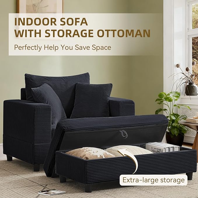 Chaise Lounge Chair IndoorOversized Corduroy Upholstered Sofa Bed with Removable Storage Ottoman Small Cloud Sofas for Living Room Comfy Deep Seat Sleeper Couch Reading Chairs - (Black)