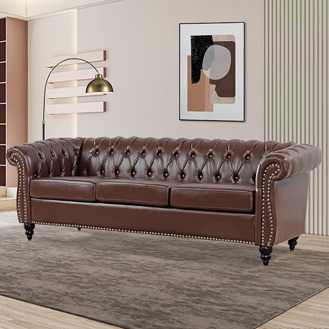 Chesterfield Sofa PU Leather Sofas for Living Room Rolled Arm 3-Seater Couch Deep Button Nailhead Upholstered Couches High-End Furniture 84 Easy to Assemble (Brown)