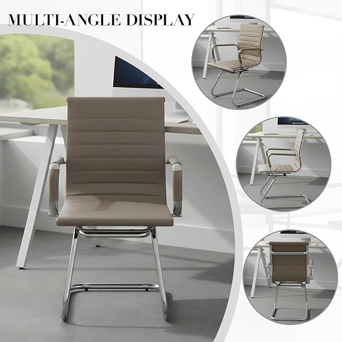CIMOTA Waiting Room Chairs Leather Office Guest Chair Mid Back Reception Chairs with Sled Base for Meeting/Patient/Conference Room Light Brown Set of 2