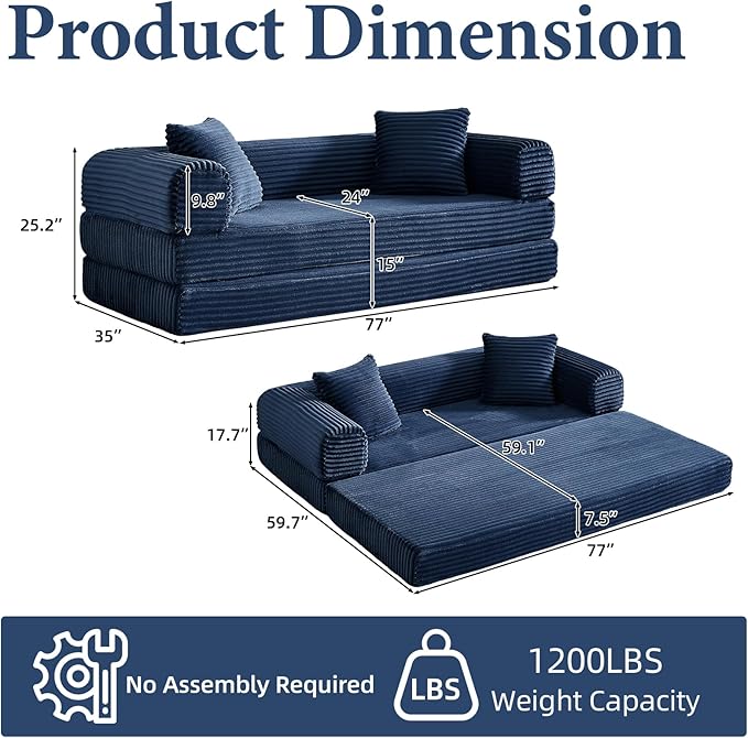 Folding Convertible Sleeper Sofa Bed Corduroy Upholstered Boneless Couch with Pillows Modular Floor Sofa Compression Couch for Living Room No Assembly Required (Blue)
