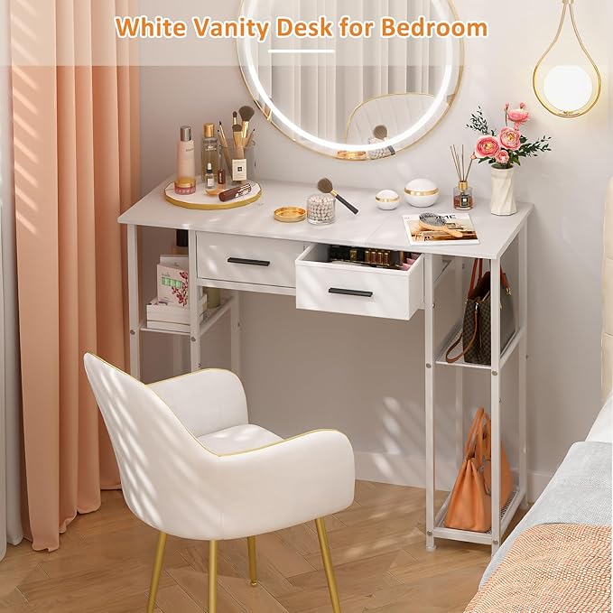 White Computer Desk with Drawers 37.3 Inch Home Office Work Desk with Storage Shelf Kids Teens Study Table for Small Space Small Writing PC Table for Bedroom Makeup Vanity Desk