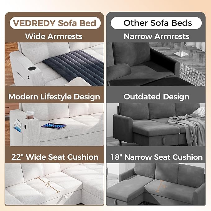 85 Inch Modular Sectional Sleeper Sofa Bed with StorageL Shaped Sectional Couches Bed with Pull Out Couch BedUSB ChargingCup Holders and Side Pocketsfor Living Room/Office/Apartment