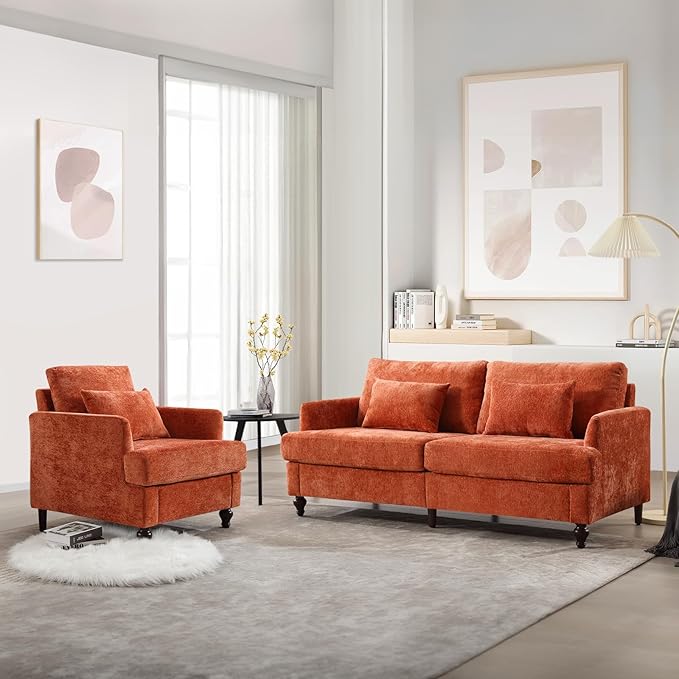 KINFFICT Modern Accent Chair for Living Room Upholstered Single Sofa Chair with Lumbar Pillow Comfy Armchair with Thickened Cushion Living Room Chairs for Bedroom Office Orange Chenille