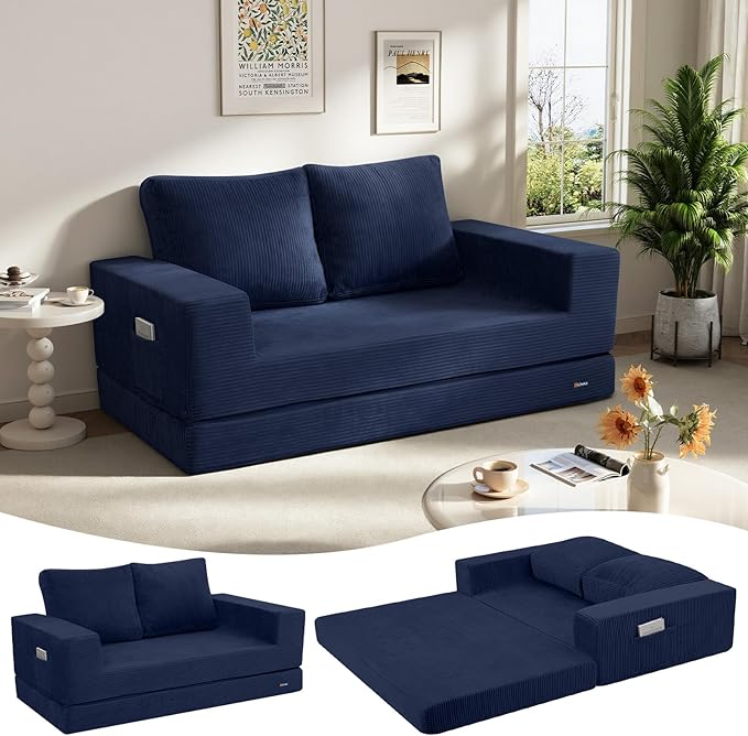 COMAX Convertible Sofa Bed Queen Folding Fold Out Couch Bed Floor Futon Couch Corduroy with Back Pillows Boneless Sofa Comfy Lounge Sleeper Mattress Loveseat for Living Room Bedroom Navy Blue