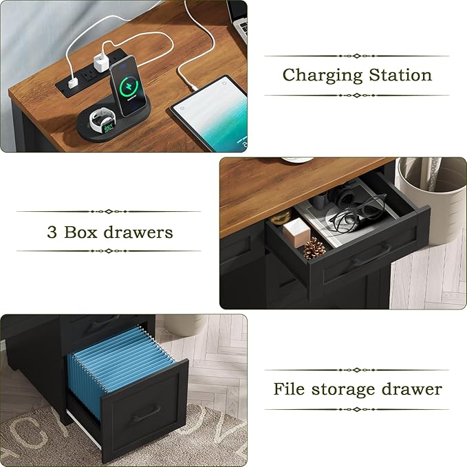Farmhouse 47 Executive Desk with 4 Drawers Computer Desk with File Drawer and Charging Station Workstation for Home Office Study.Black Brown
