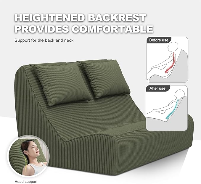 Giant Bean Bag Chair for Adults - Indoor Chaise Lounge with Pillows &amp Ottomans Upholstered Loveseat Floor Sofa Chair for Reading Gaming Napping and Movies (Olive Green)