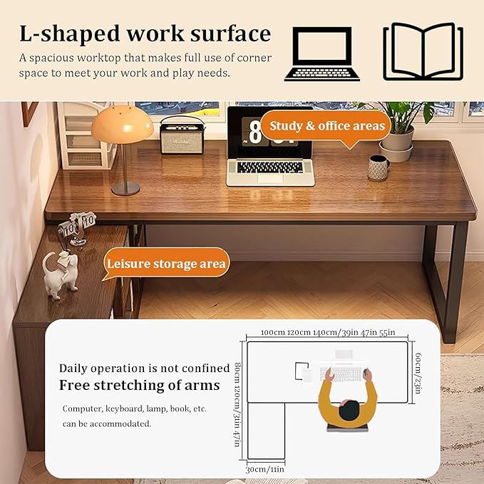 L-Shaped Computer Desk with StorageCorner Desk with 2-Tier Storage ShelvesReversible Home Office DeskModern Wood PC TableLarge Study Writing Table for Small Space