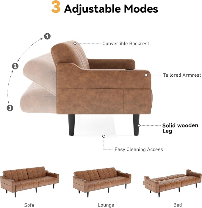 Brelice 80'' Leather Couch Futon Sofa Bed Faux Leather Couch with Adjustable Backrest 2 Cup Holders &amp Side Pockets Mid Century Modern Sofa for Living Room Bedroom Brown