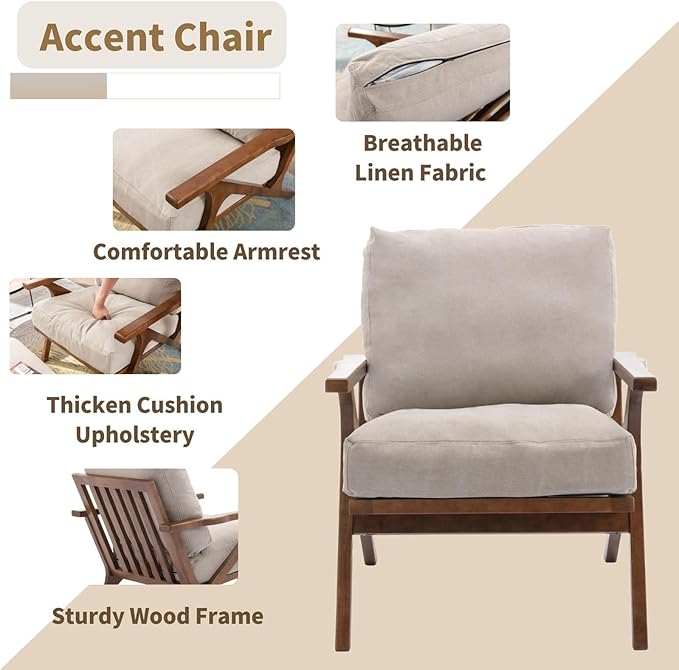 HNY Set of 2 Mid Century Accent Chair Faux Leather Upholstered Armchair with Wood Frame and Canvas Cushions Leisure Reading Chair Slipper Chair for Living Room Bedroom Beige